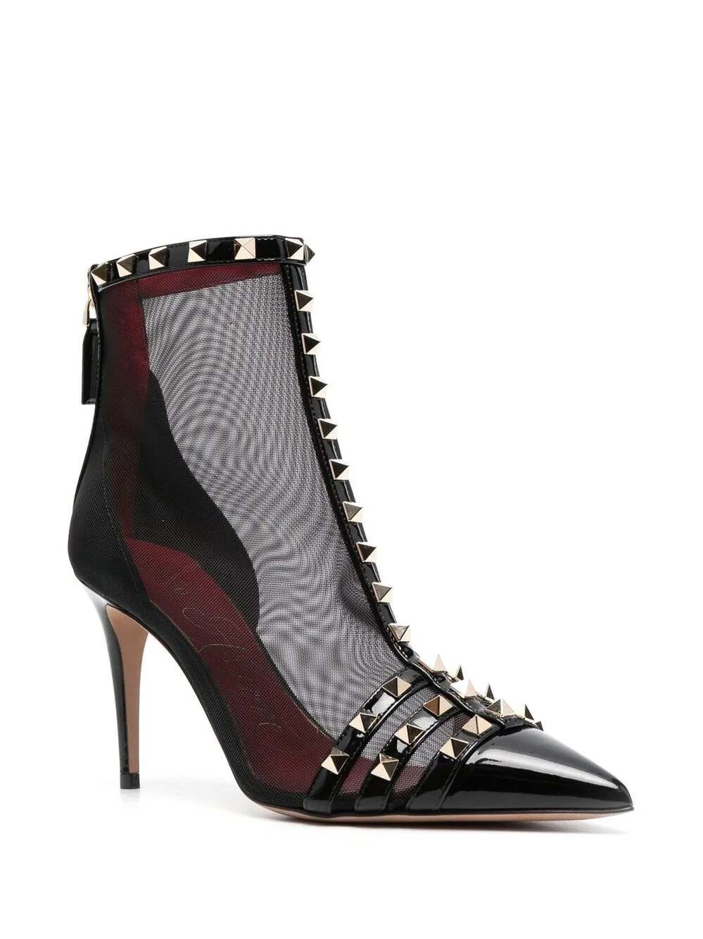 Valentino Sz 37 1/2 90mm Rockstud Black Mesh Pointed Toe Stiletto Ankle Boots
